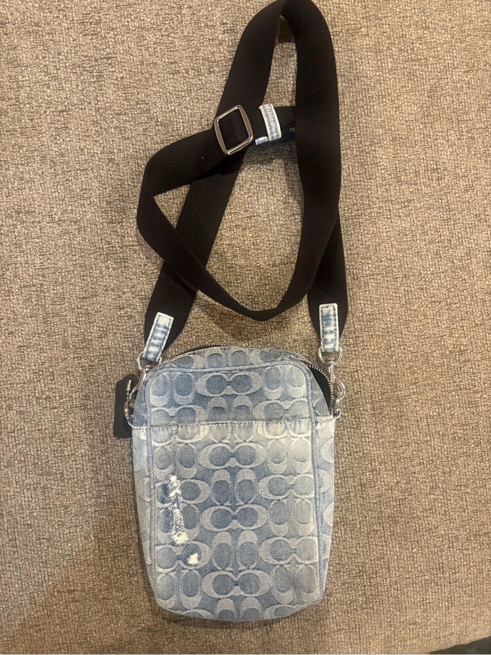 Coach Men's Denim Signature Crossbody Bag in Faded Blue with Black Strap